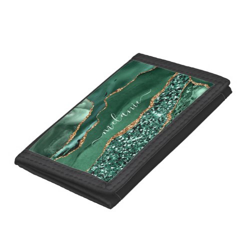 Agate Green Gold Glitter Geode Marble Custom Name Trifold Wallet