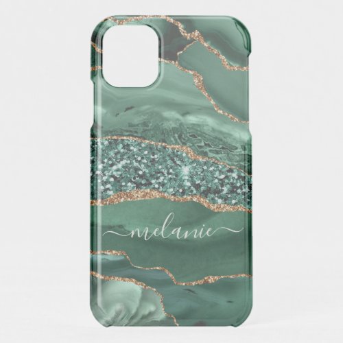  Agate Green Gold Glitter Geode Marble Custom Name iPhone 11 Case