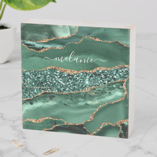 Agate Green Gold Glitter Geode Marble Custom Name Wooden Box Sign