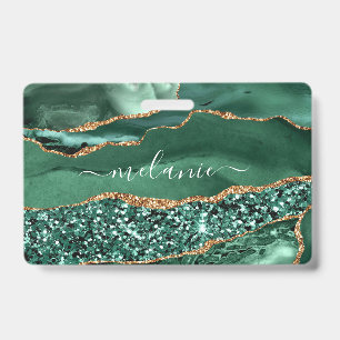 Agate Green Gold Glitter Geode Marble Name Badge