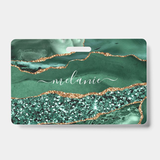 Agate Green Gold Glitter Geode Marble Name Badge (Front)