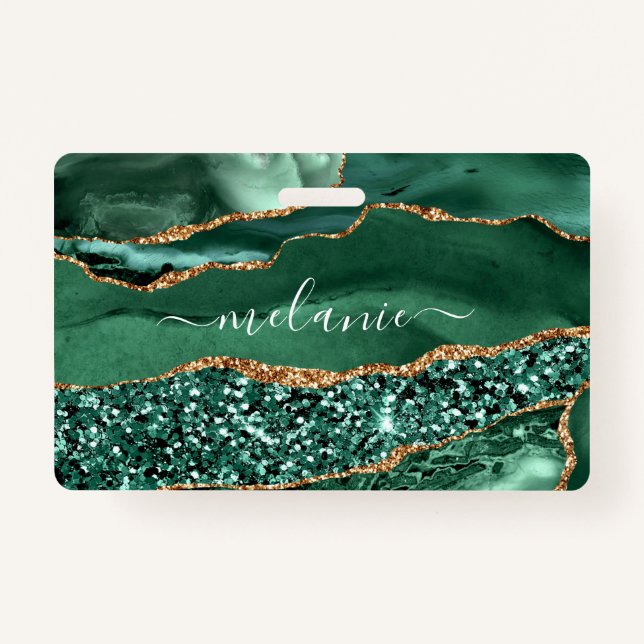 Agate Green Gold Glitter Geode Marble Name Badge (Front)