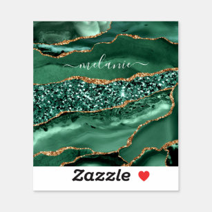 Agate Green Gold Glitter Geode Marble Name Sticker