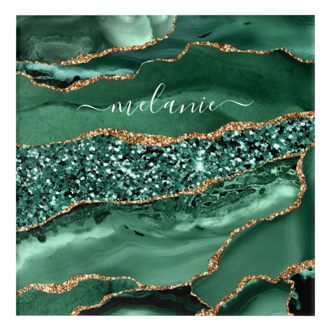 Agate Green Gold Glitter Geode Marble Your Name Acrylic Print (Front)