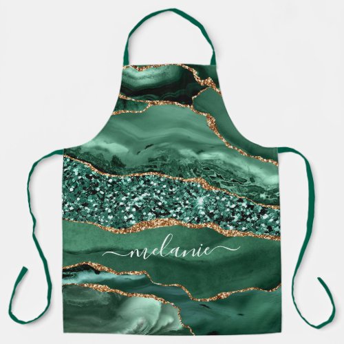 Agate Green Gold Glitter Geode Marble Your Name Apron