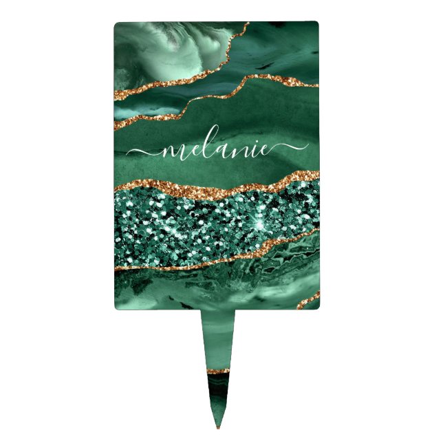 Agate Green Gold Glitter Geode Marble Your Name Cake Topper (Front)