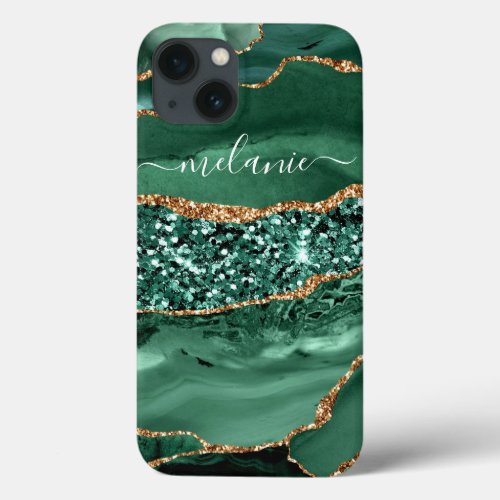 Agate Green Gold Glitter Geode Marble Your Name iPhone 13 Case