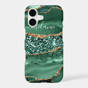 Agate Green Gold Glitter Geode Marble Your Name iPhone 17 Case