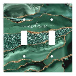Agate Green Gold Glitter Geode Marble Your Name Light Switch Cover