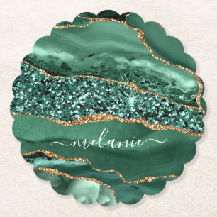 Agate Green Gold Glitter Geode Marble Your Name Paper Coaster