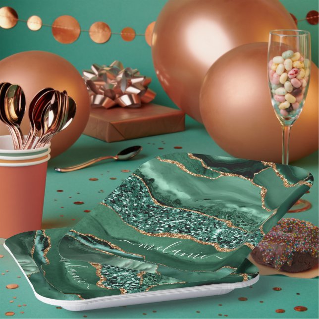 Agate Green Gold Glitter Geode Marble Your Name Paper Plates (Multi)