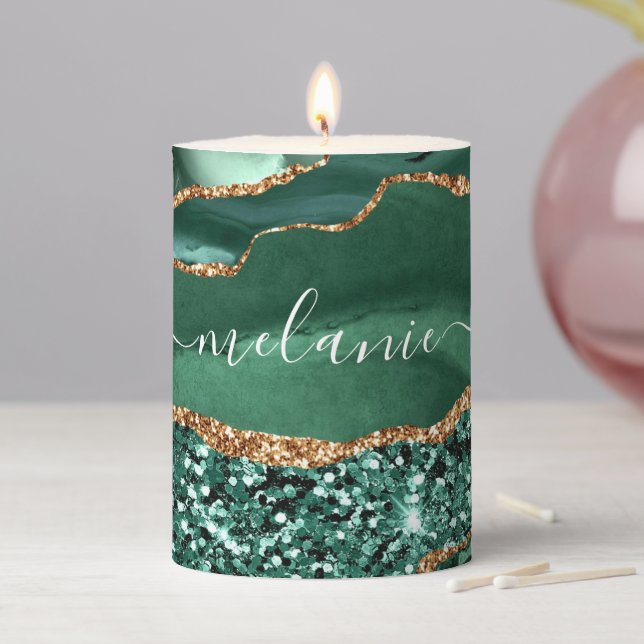 Agate Green Gold Glitter Geode Marble Your Name Pillar Candle (In Situ)