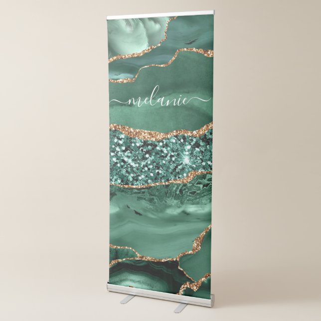 Agate Green Gold Glitter Geode Marble Your Name Retractable Banner (3/4)