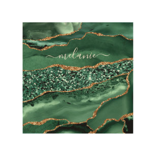 Agate Green Gold Glitter Geode Marble Your Name Wood Wall Art