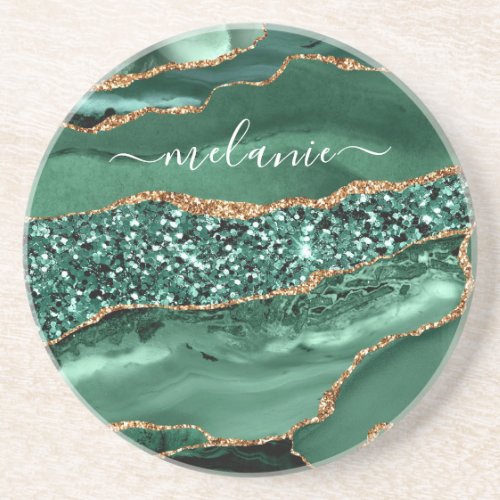 Agate Green Gold Glitter Marble Coaster Your Name 