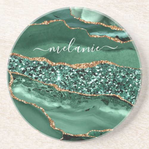 Agate Green Gold Glitter Marble Coaster Your Name