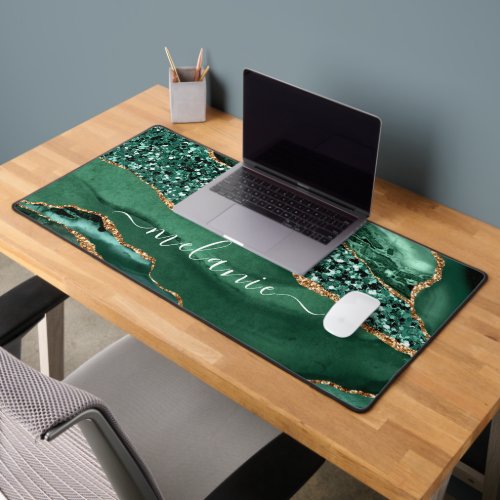 Agate Green Gold Glitter Marble Custom Name Desk Mat