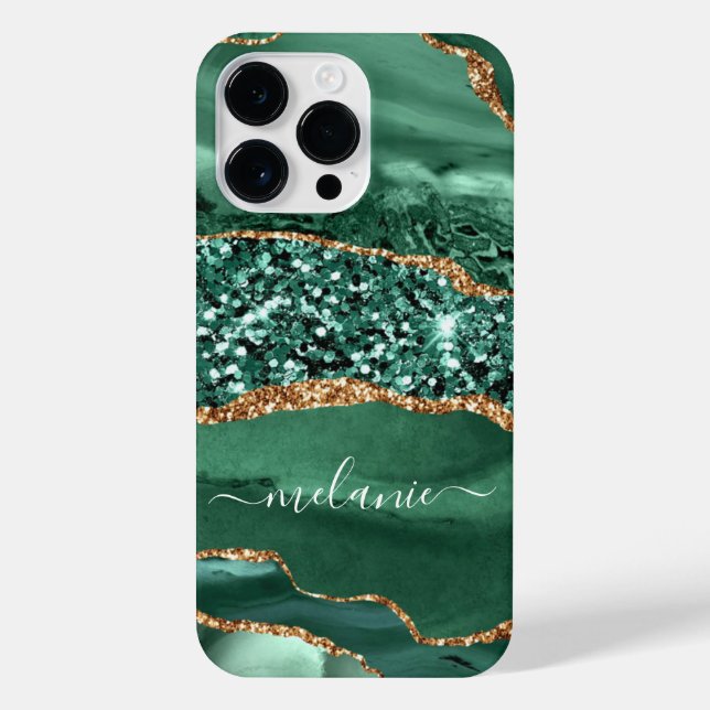 Agate Green Gold Glitter Marble Custom Name Text iPhone Case (Back)