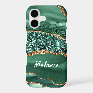 Agate Green Gold Glitter Marble Custom Your Name iPhone 17 Case
