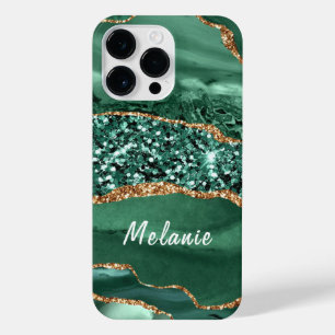 Agate Green Gold Glitter Marble Custom Your Name iPhone 14 Pro Max Case
