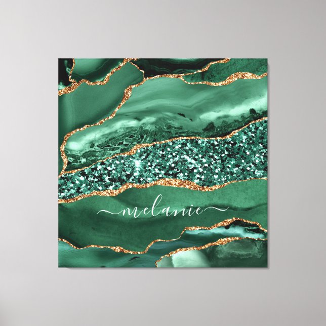 Agate Green Gold Glitter Marble Name Canvas Print (Front)