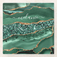 Agate Green Gold Glitter  Marble Name Coaster