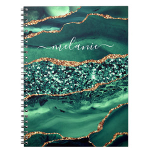 Agate Green Gold Glitter Marble Notebook Your Name