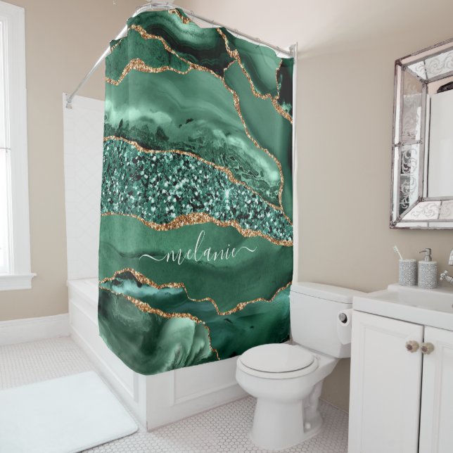 Agate Green Gold Glitter Marble Shower Curtain (In Situ)
