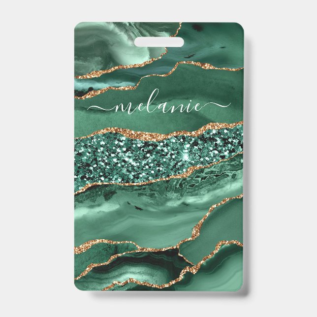 Agate Green Gold Glitter Marble Your Name Badge (Front)