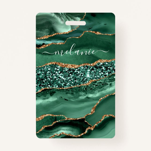 Agate Green Gold Glitter Marble Your Name Badge (Front)