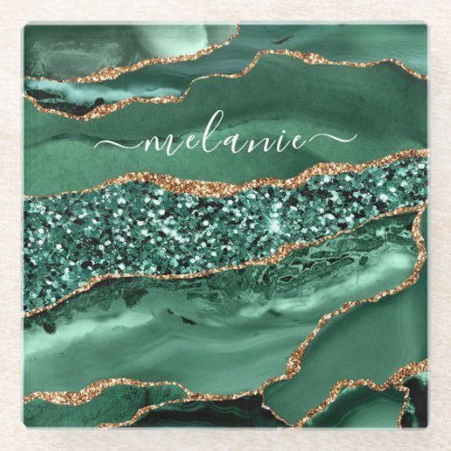 Agate Green Gold Glitter Marble Your Name Coaster