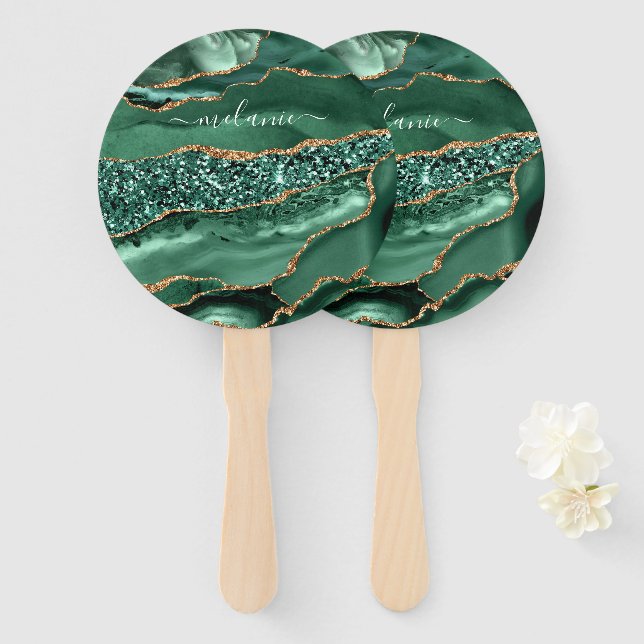 Agate Green Gold Glitter Marble Your Name Hand Fan (Front and Back)