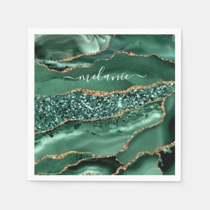 Agate Green Gold Glitter Marble Your Name Napkins