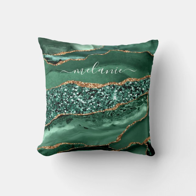Agate Green Gold Glitter Marble Your Name Pillow (Front)