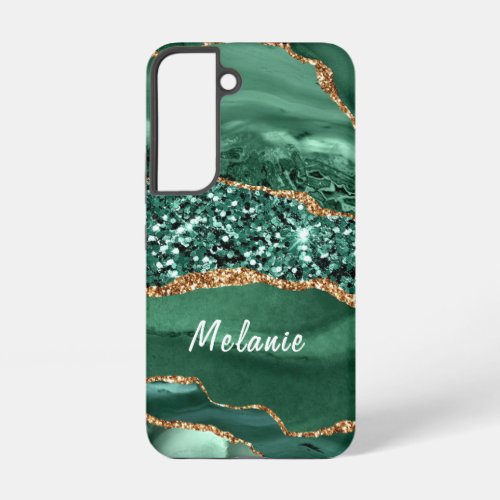 Agate Green Gold Glitter Marble Your Name Samsung Galaxy S22 Case