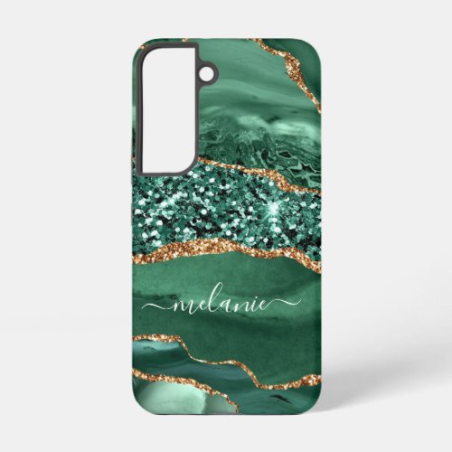 Agate Green Gold Glitter Marble Your Name Samsung Galaxy S22 Case