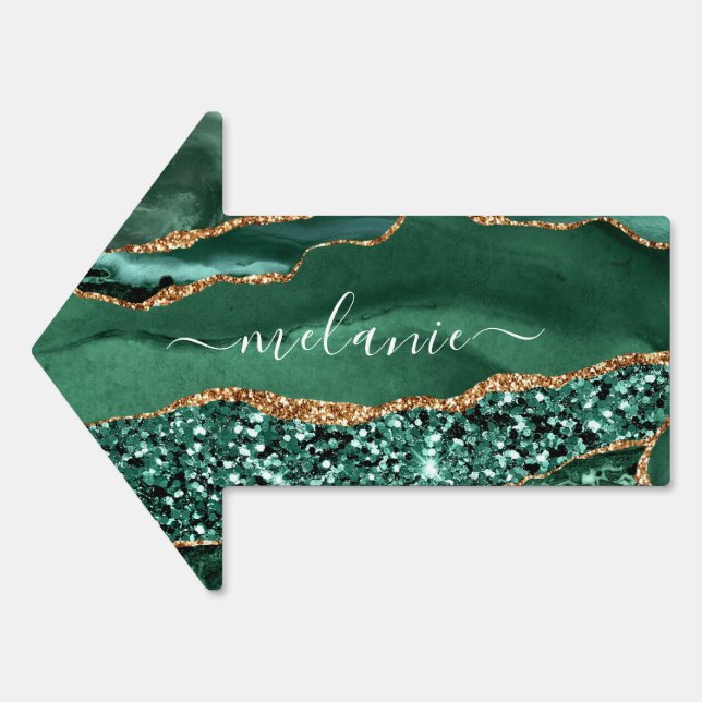 Agate Green Gold Glitter Marble Your Name Sign (Front)