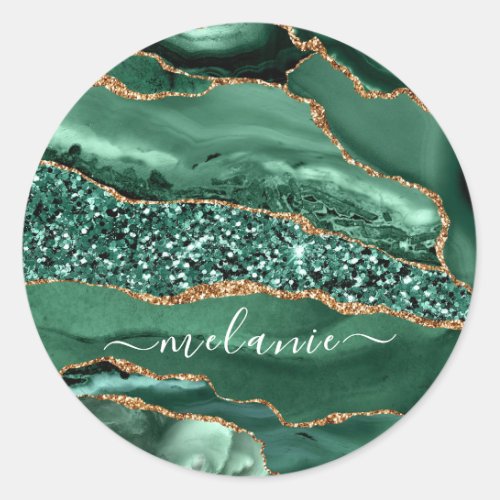 Agate Green Gold Glitter Marble Your Name Sticker