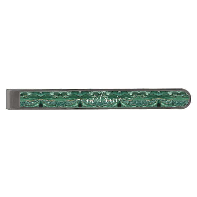 Agate Green Gold Glitter Marble Your Name Tie Bar (Front)