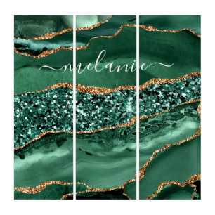 Agate Green Gold Glitter Marble Your Name Triptych