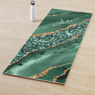 Agate Green Gold Glitter Marble Your Name Yoga Mat