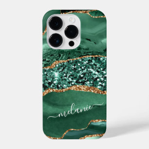 Agate Green Gold Glitter Your Name Marble iPhone 14 Pro Case