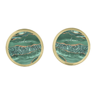 Agate Green Gold Marble Custom Name Cufflinks