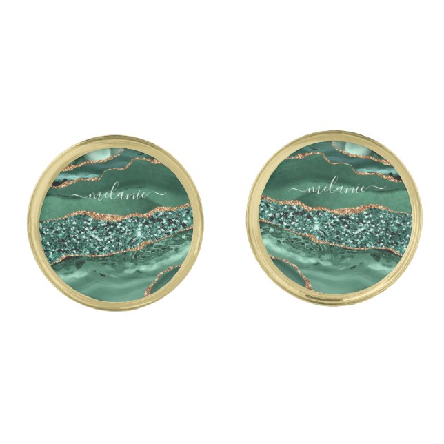 Agate Green Gold Marble Custom Name Cufflinks (Front)