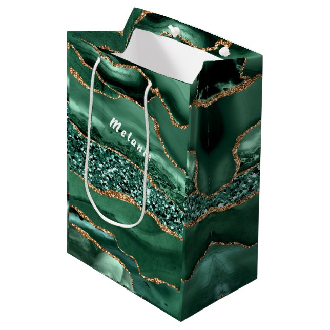 Agate Green Gold Marble Gift Bag with Custom Name (Front Angled)