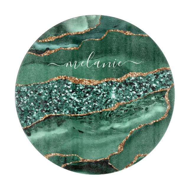 Discover Agate Green Gold Marble Your Name Cutting Board