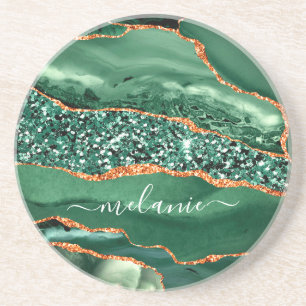 Agate Green Gold Sparkle Marble Coaster Your Name