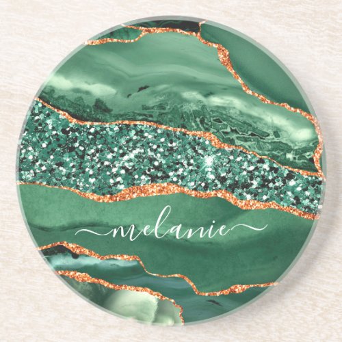 Agate Green Gold Sparkle Marble Coaster Your Name 