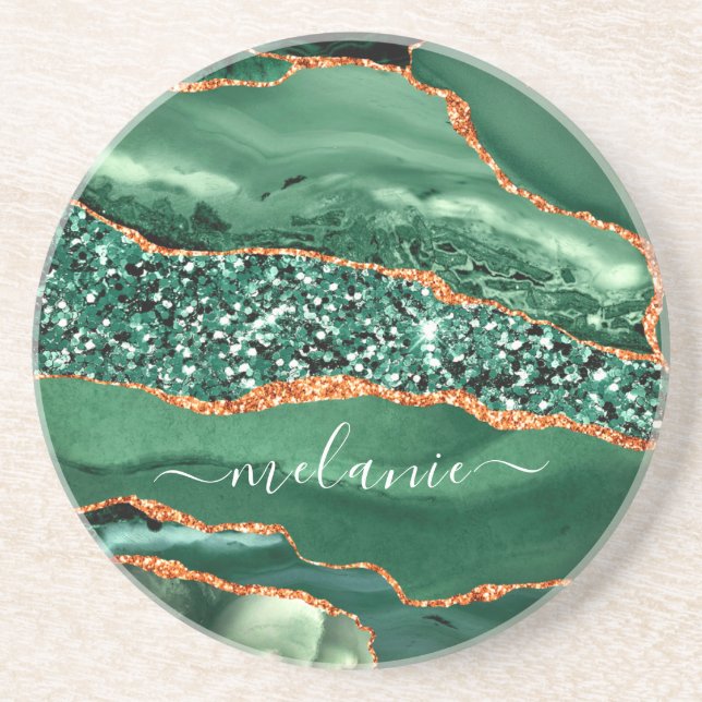 Agate Green Gold Sparkle Marble Coaster Your Name  (Front)