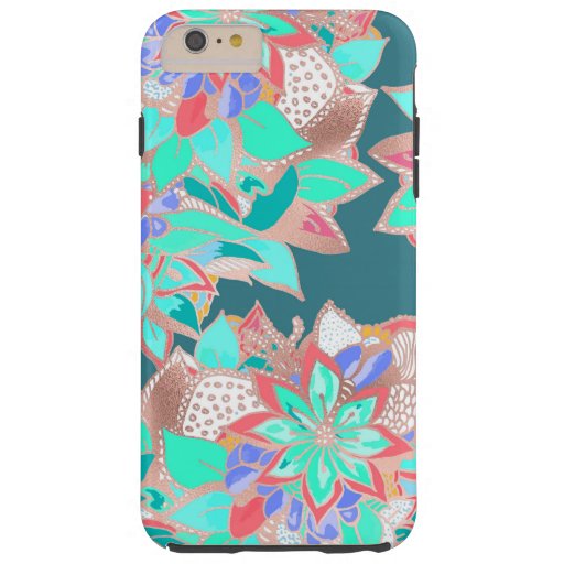 Agate green living coral teal rose gold floral Cas Tough iPhone 6 Plus Case